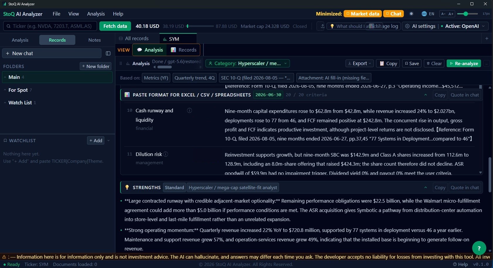 StoQ AI Analyzer in dark theme: quarterly trend across four quarters in the middle, the AI summary on the right.