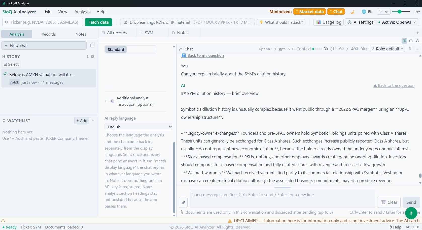 StoQ AI Analyzer in light theme: saved items on the left, figures from the filing in the middle, the AI summary on the right.